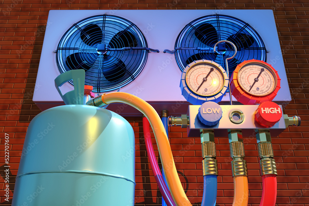 Freon gas balloon. Refueling coolant air conditioner. Turquoise balloon