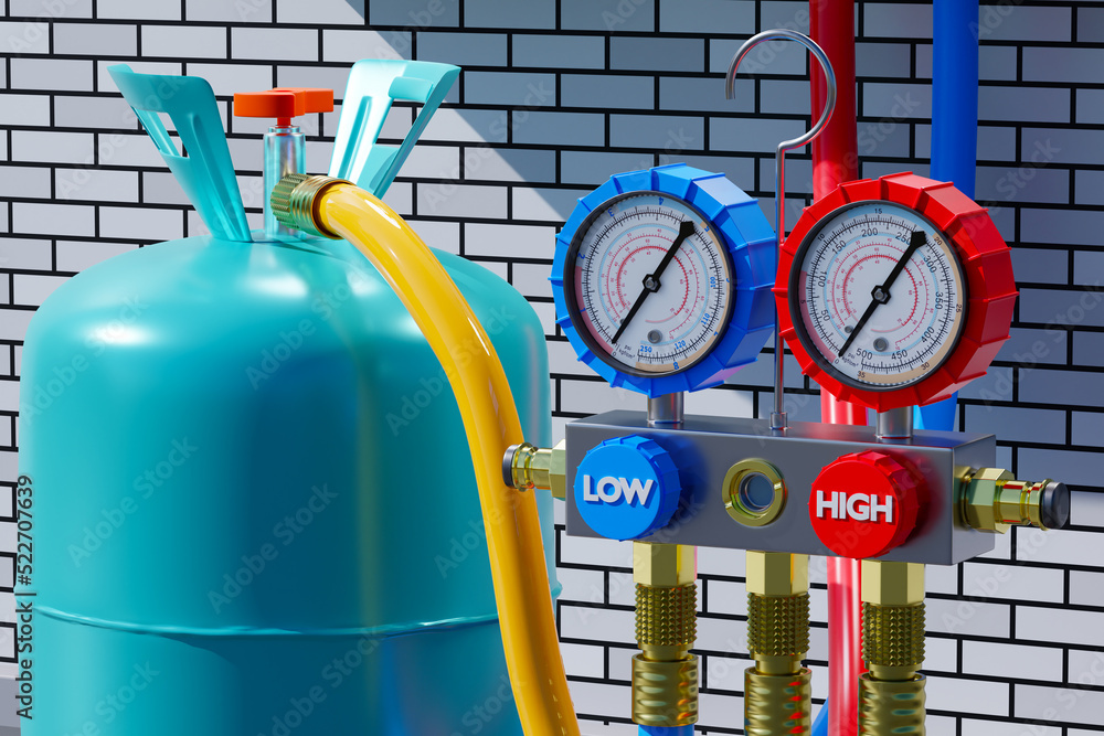 Freon gas. Cylinder for filling refrigerator equipment. Cylinder with