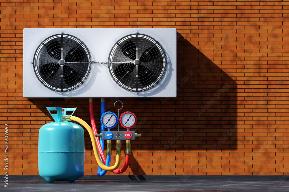 Split equipment. Refueling air conditioner. Split system unit on brick