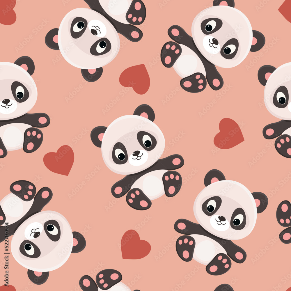 Cute panda with hearts seamless wallpaper. Vector seamless pattern. Cute panda with hearts seamless wallpaper. Vector seamless pattern.