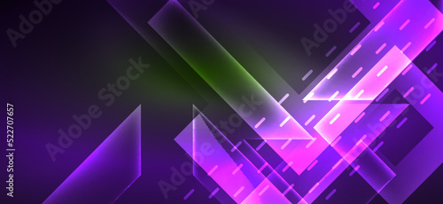 Background neon glowing lines and geometric shapes. Lights in the dark wallpaper for concept of AI technology, blockchain, digital, communication, 5G, science
