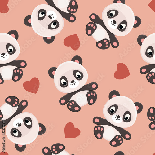 Fototapeta Naklejka Na Ścianę i Meble -  Cute panda with hearts seamless wallpaper. Vector seamless pattern.