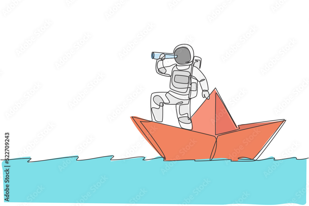 Obraz premium One single line drawing young astronaut look at forward using telescope while standing on paper boat in sea ocean graphic vector illustration. Cosmonaut deep space concept. Continuous line draw design