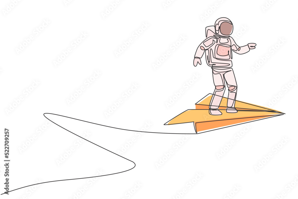 Fototapeta premium Single continuous line drawing of young astronaut standing steady still at flying paper plane on the sky. Cosmonaut outer space concept. Trendy one line draw graphic design vector illustration
