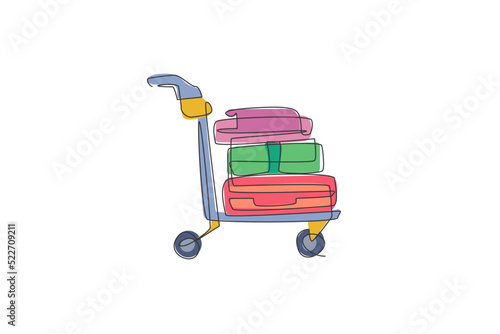 Single continuous line drawing of luggage bag trolley in the airport. Airport service concept. Trendy one line draw design vector illustration graphic