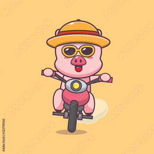Cool pig cartoon mascot character in sunglasses ride motocycle in summer day