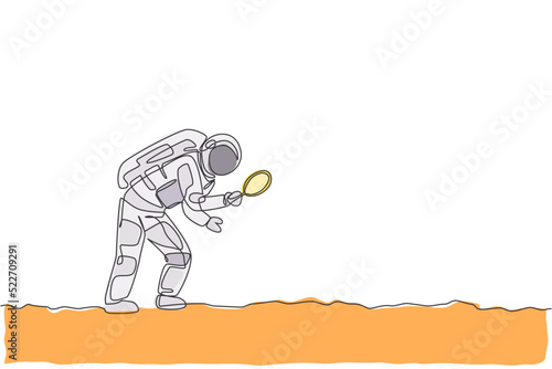 One continuous line drawing of young astronaut holding magnifier and search for foot trace in moon surface. Cosmic galaxy space concept. Dynamic single line draw graphic design vector illustration