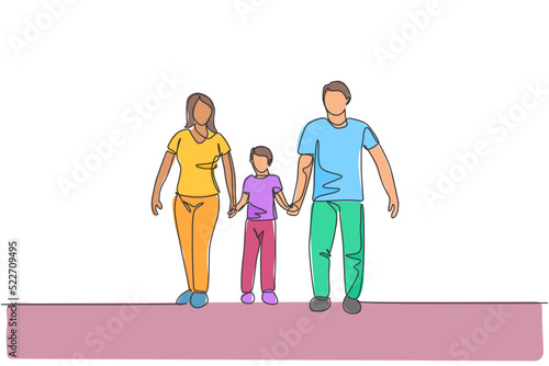 One single line drawing of young happy family mom and dad lead their son walking together holding his hands vector graphic illustration. Parenting education concept. Modern continuous line draw design