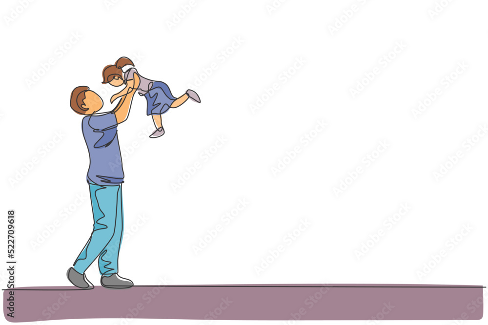 One continuous line drawing of young happy father raising his daughter up in the air, family play together. Happy loving parenting family concept. Dynamic single line draw design vector illustration