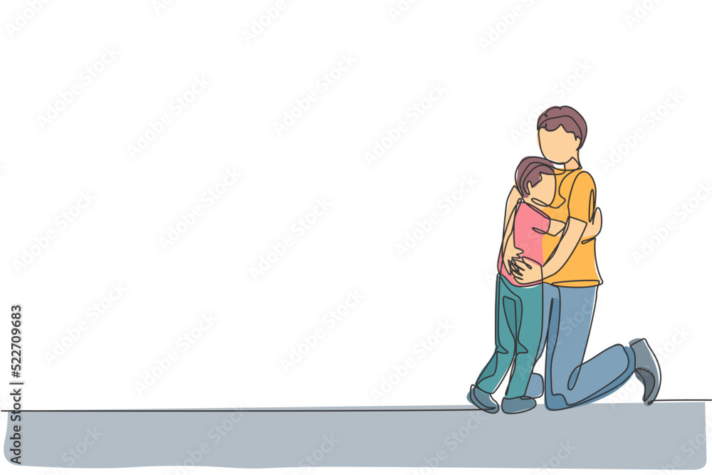 One single line drawing of young happy daddy hugging his lovely son full of warmth at home vector illustration. Parenting education concept. Modern continuous line graphic draw design