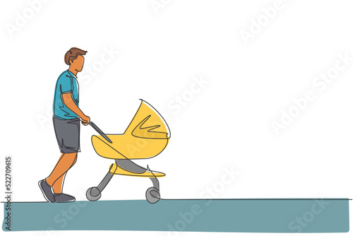 One single line drawing of young happy father pushing baby trolley at outdoor park vector graphic illustration. Parenting education concept. Modern continuous line draw design