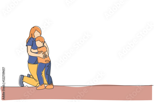 One continuous line drawing of young happy mother hugging her lovely son full of warmth at school. Happy loving parenting family concept. Dynamic single line draw design graphic vector illustration