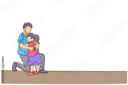 One single line drawing of young happy father hugging his lovely daughter full of warmth at school vector illustration. Parenting education concept. Modern continuous line graphic draw design