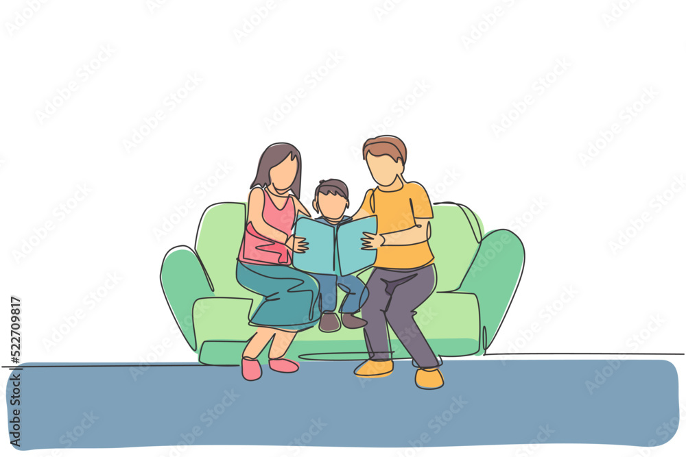 Single continuous line drawing young mom and dad sitting on sofa and reading a story book to their son at home. Happy family parenting concept. Trendy one line draw design vector graphic illustration Single continuous line drawing young mom and dad sitting on sofa and reading a story book to their son at home. Happy family parenting concept. Trendy one line draw design vector graphic illustration