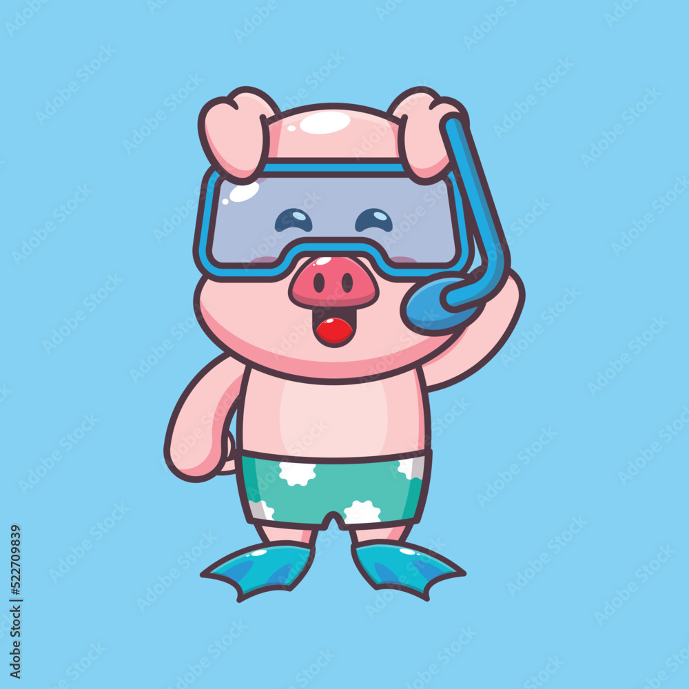 Cute pig diving cartoon mascot character illustration