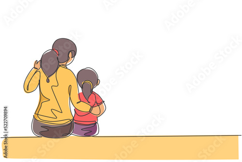 Single continuous line drawing of young mother talking with her daughter about goal and education at home. Happy family parenting concept. Trendy one line draw graphic design vector illustration