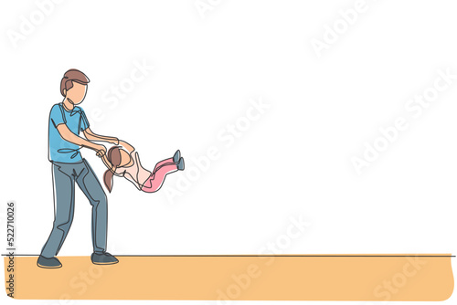 Single continuous line drawing of young happy father playing with daughter at home, lifting and swinging, parenthood time. Family parenting concept. Trendy one line draw design vector illustration