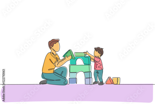 One continuous line drawing of young happy dad playing with son building house from foam puzzle block toy at home. Family time parenting concept. Dynamic single line draw design vector illustration