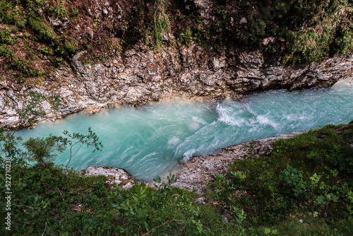 Top View of Leutascher Ache River in Leutasch Gorge. Above View of Mountain Turquoise Stream in Tyrolean Nature. photo