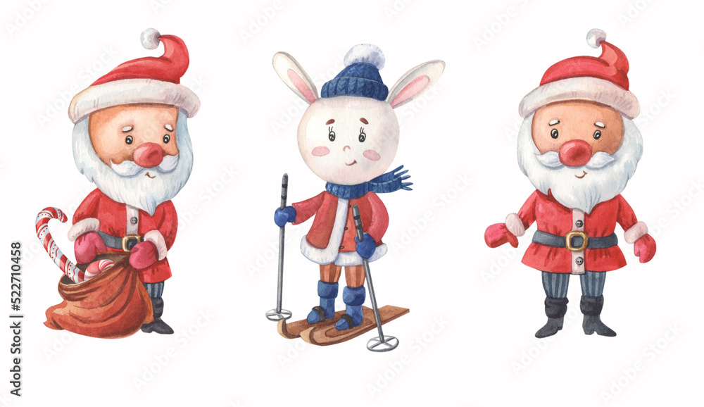 Watercolor Santa Clauses and White Rabbit. Christmas and New Year Watercolor Santa Clauses and White Rabbit. Christmas and New Year