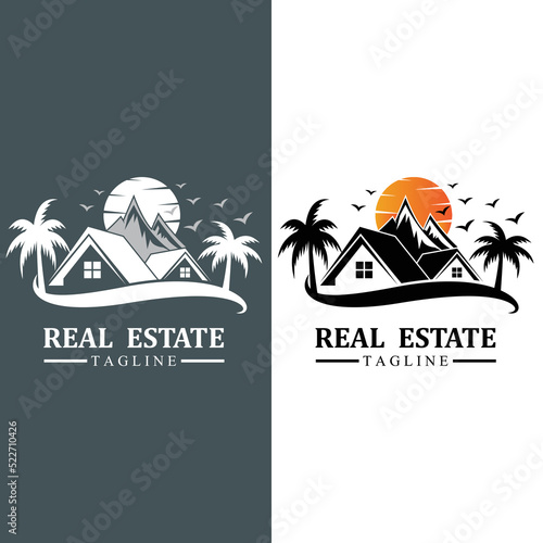 Real estate logo design icons with sun and birds free