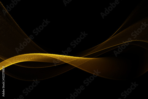 Abstract shiny wavy golden wave design element with golden glitter particles on black background.