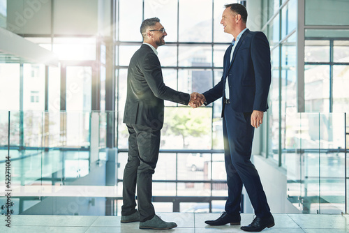 Confident, smiling corporate businessmen exchange handshake in global trust merger meeting together at modern company. Professional executive colleagues in company trade development deal conference