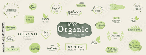Premium quality organic elements for food market, ecommerce, organic products promotion, restaurant, healthy life. Organic green vegan stickers. Vector illustration concepts for web design, packaging