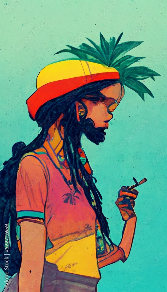 Abstract drawn Rastaman with dreadlocks and colorful clothes, on a ...