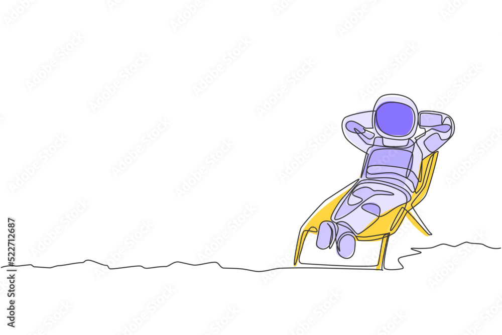 Fototapeta premium Single continuous line drawing of young astronaut tanning and take a sleep napping on sun longer in moon surface. Space man cosmic galaxy concept. Trendy one line draw design vector illustration