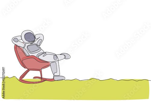 One continuous line drawing of young happy astronaut sleeping relax on reclining chair in moon surface. Space man deep space concept. Dynamic single line draw design vector graphic illustration