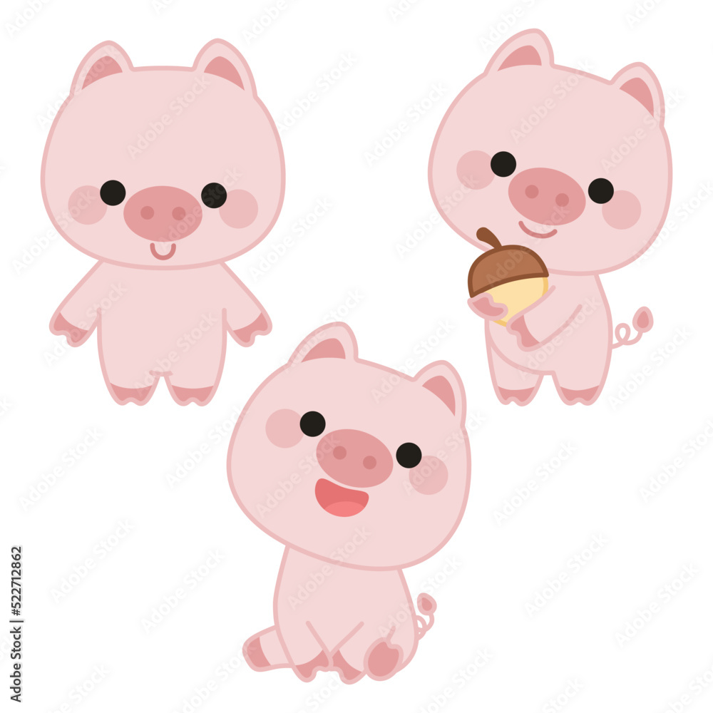Set of three cute pigs in kawaii style. One is standing, the second is sitting, the third is holding a acorn. 