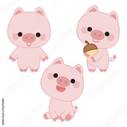 Set of three cute pigs in kawaii style. One is standing, the second is sitting, the third is holding a acorn. 