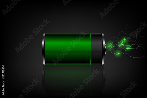Green battery charging on dark background