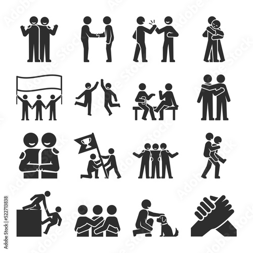 Friendship icons set. Friendship relationships, leisure time and help. Friends spend time with each other. Monochrome black and white icon.