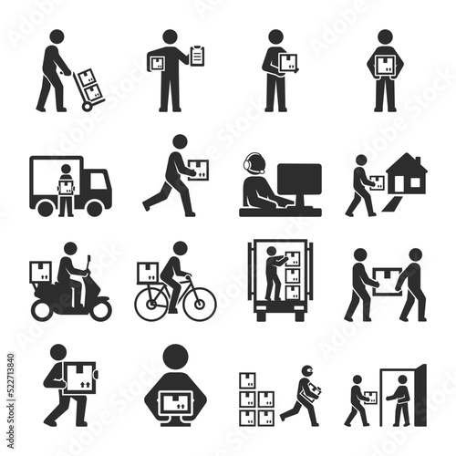 Parcel delivery icons set. Shipping company, courier service, post office. People and box. Different types of delivery. Monochrome black and white icon