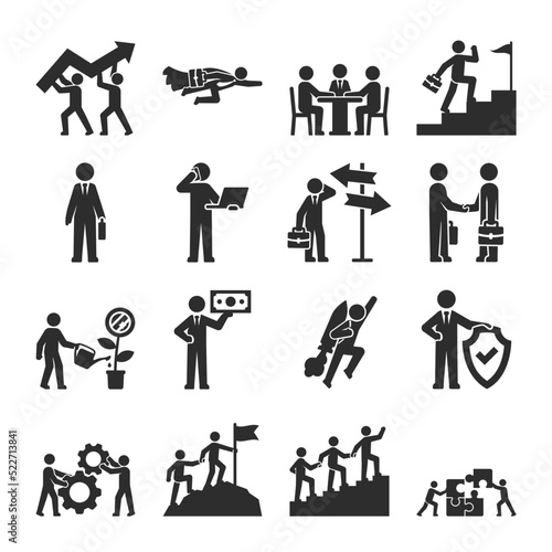 Business people icons set. Businessman with different situations. Striving for a goal, teamwork, working with money, career. Monochrome black and white icon