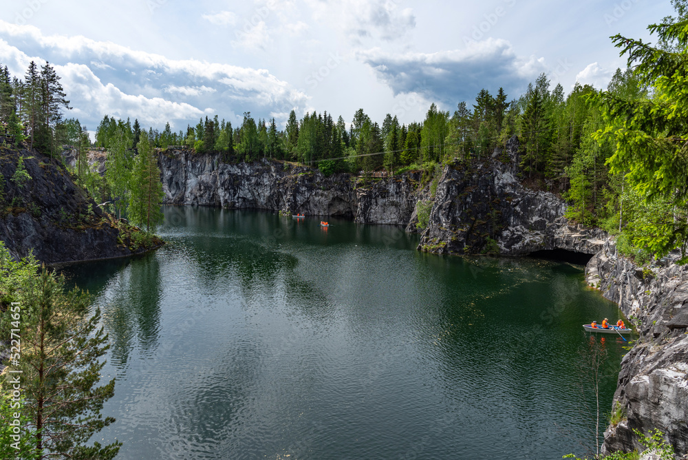 Panoramic summer view of Marble Lake in Ruskeala Park in Karelia, Russia.  Popular tourist attraction.