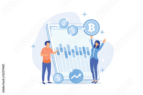 Cryptocurrency trading desk Bitcoin futures platform, crypto exchange trade service, financial technology business, smart order routing flat design modern illustration