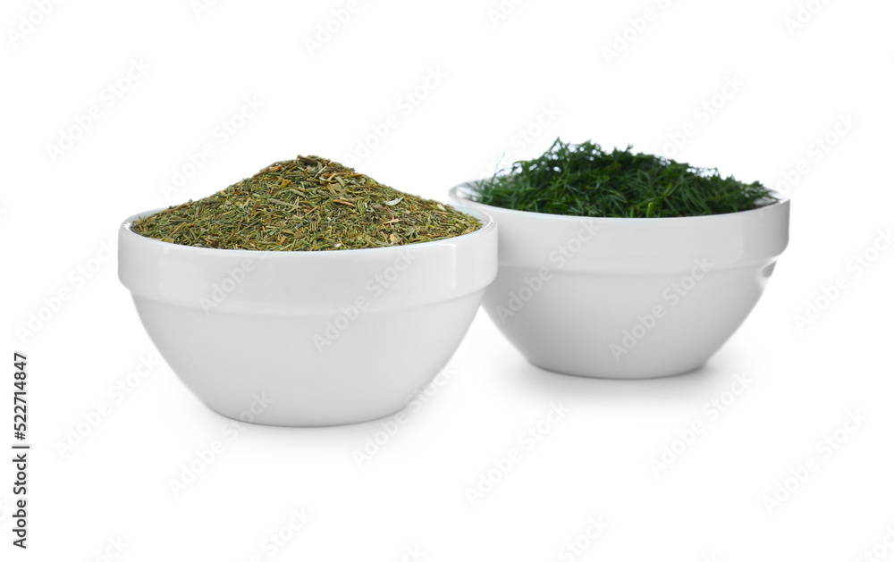 Bowls with aromatic dry and fresh dill on white background Bowls with aromatic dry and fresh dill on white background