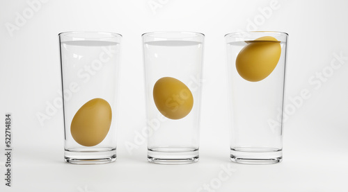 Fototapeta Naklejka Na Ścianę i Meble -  Eggs in water test on transparent glass , Egg freshness test on white background, 3d Rendering