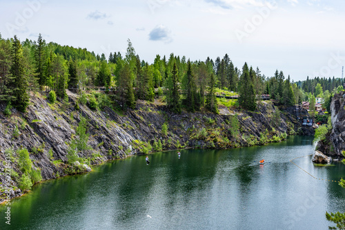 Panoramic summer view of Marble Lake in Ruskeala Park in Karelia  Russia.  Popular tourist attraction.