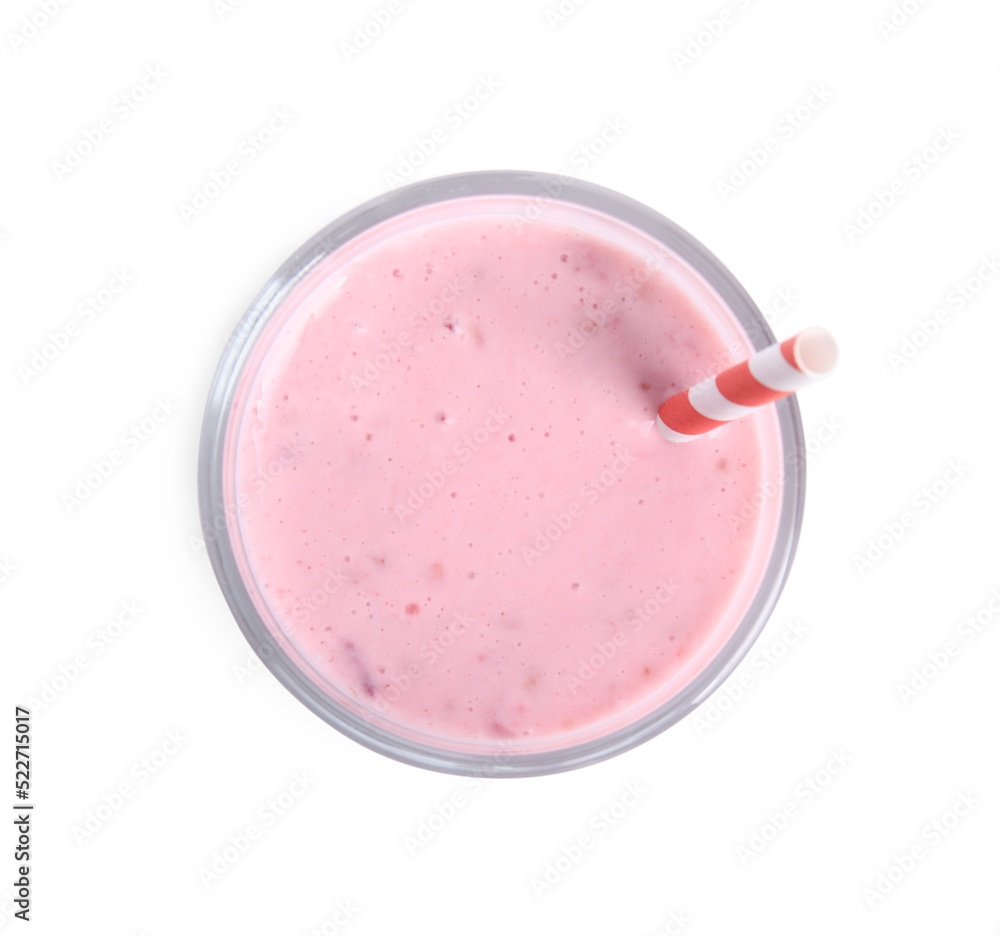 Tasty raspberry smoothie in glass isolated on white, top view Tasty raspberry smoothie in glass isolated on white, top view