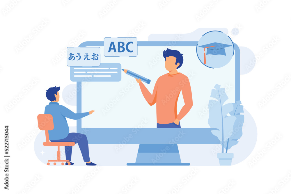 Foreign language workshop Foreign language learning group, native speaker course, professional translator, easy english, online education flat design modern illustration Foreign language workshop Foreign language learning group, native speaker course, professional translator, easy english, online education flat design modern illustration