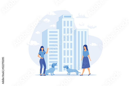 Pet in the big city Keeping animal in apartment, pet walking place, dogs convenient city, rules and regulations, cleaning outdoor facility flat design modern illustration
