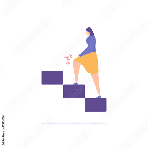 muscle pain and heat in the legs, cramps, neurological diseases. A woman feels pain in her legs when walking up stairs. body and health problems. flat cartoon illustration. vector concept design