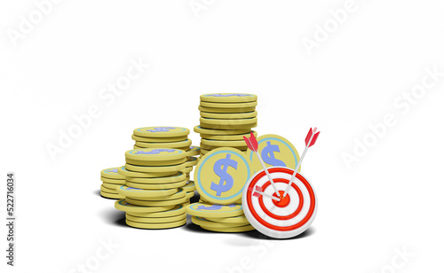 White red target with darts or arrow, pile money dollar coins isolated. business goal concept, 3d illustration or 3d render