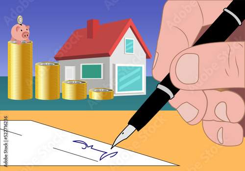 Firma de la hipoteca de una casa o vivienda. gracias al ahorro constante. Compraventa de una vivienda. Educación financiera