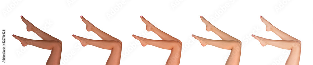 Closeup view of woman with beautiful legs on white background, banner design. Collage showing stages of suntanning