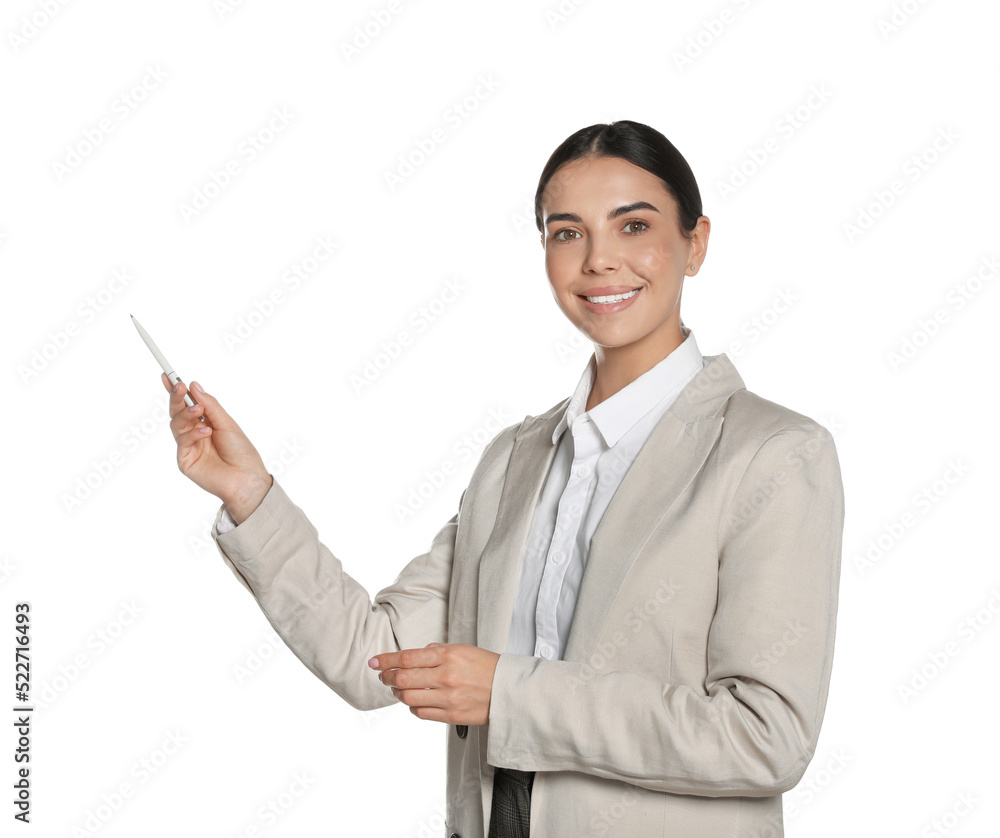 Beautiful young woman on white background. Weather forecast